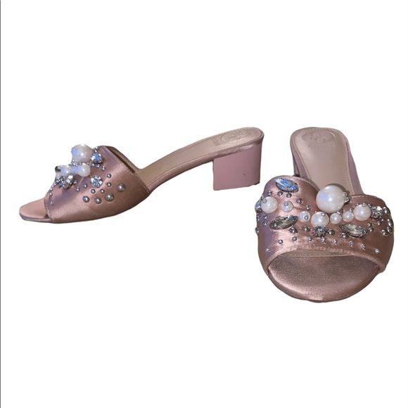 Guess Dancerr Embellished Pearl Crystal Blush Pink Block Heel Sandals - 8 - Picture 3 of 16